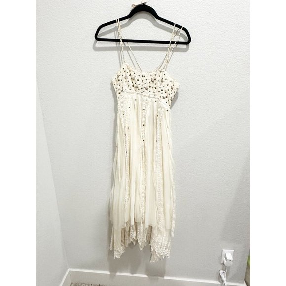 Free People Womens Studded Lace Party Dress Cut Out Back Strappy Cream Size XS - Picture 2 of 6